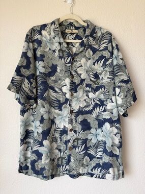 Tommy Bahama Silk Hawaiian Shirt Floral Blue Camp Button Down L